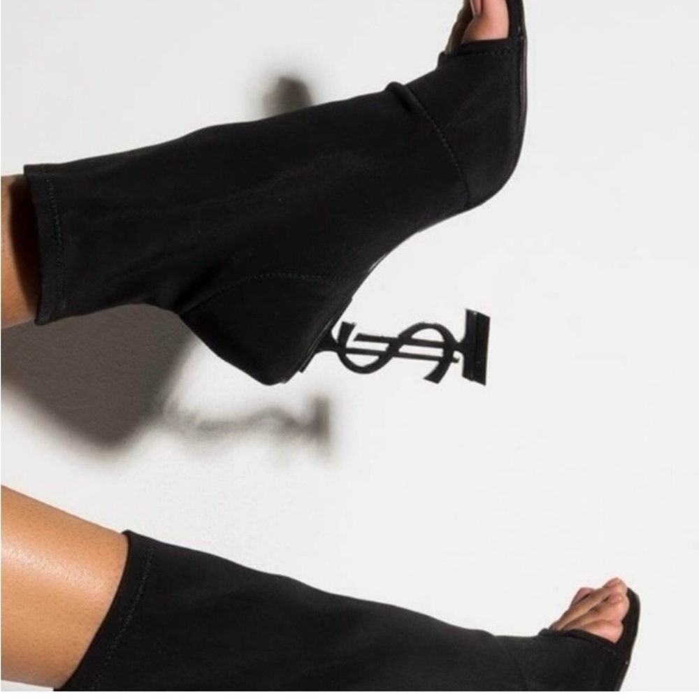 Black Open Toe Sock Boots with Dollar Sign Heels - Picture 8 of 8